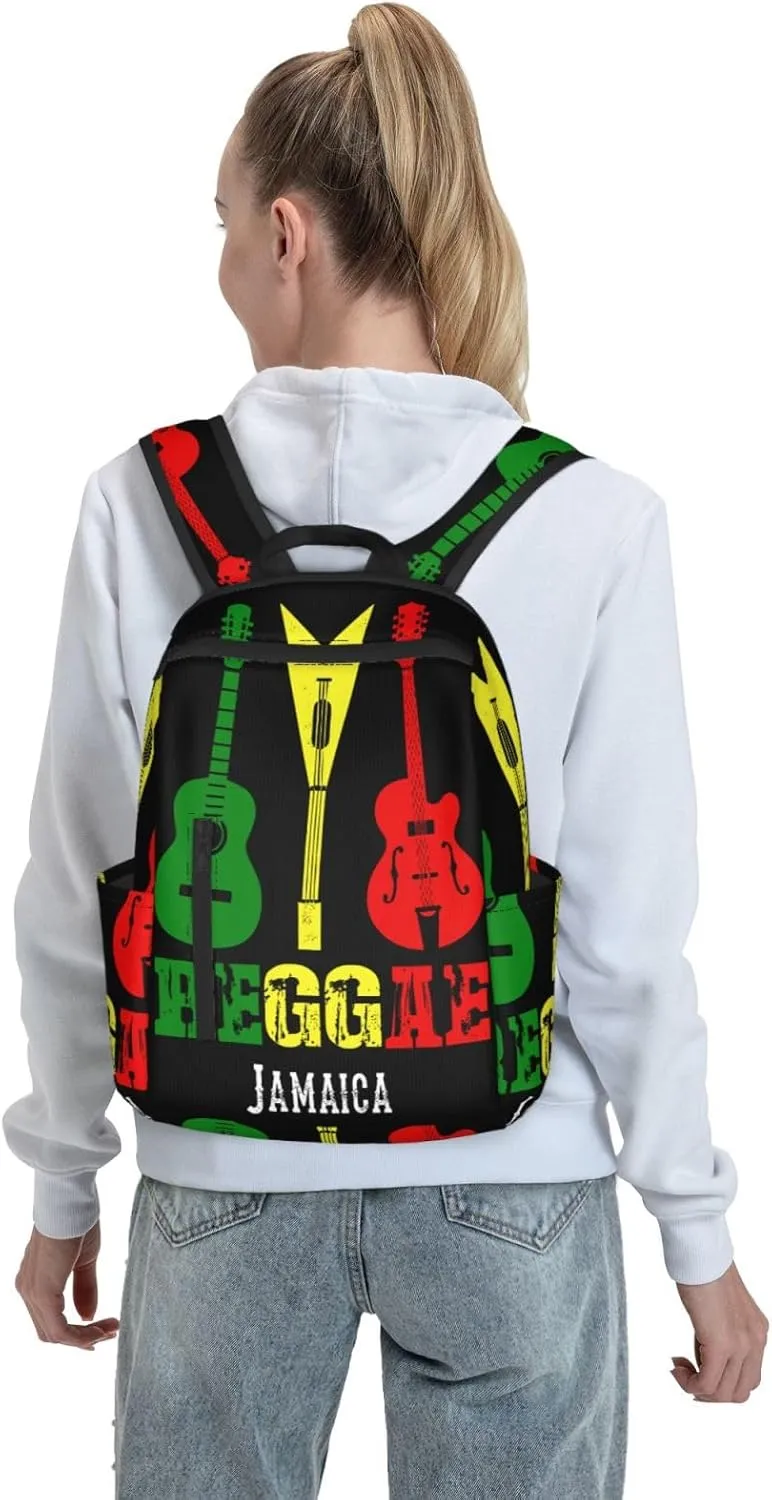 Reggae Guitar Jamaican Music Casual Backpacks Laptop Backpack Outdoor Travel Rucksack Sport Carry-On Daypack Lightweight Bag with Multi-Pockets