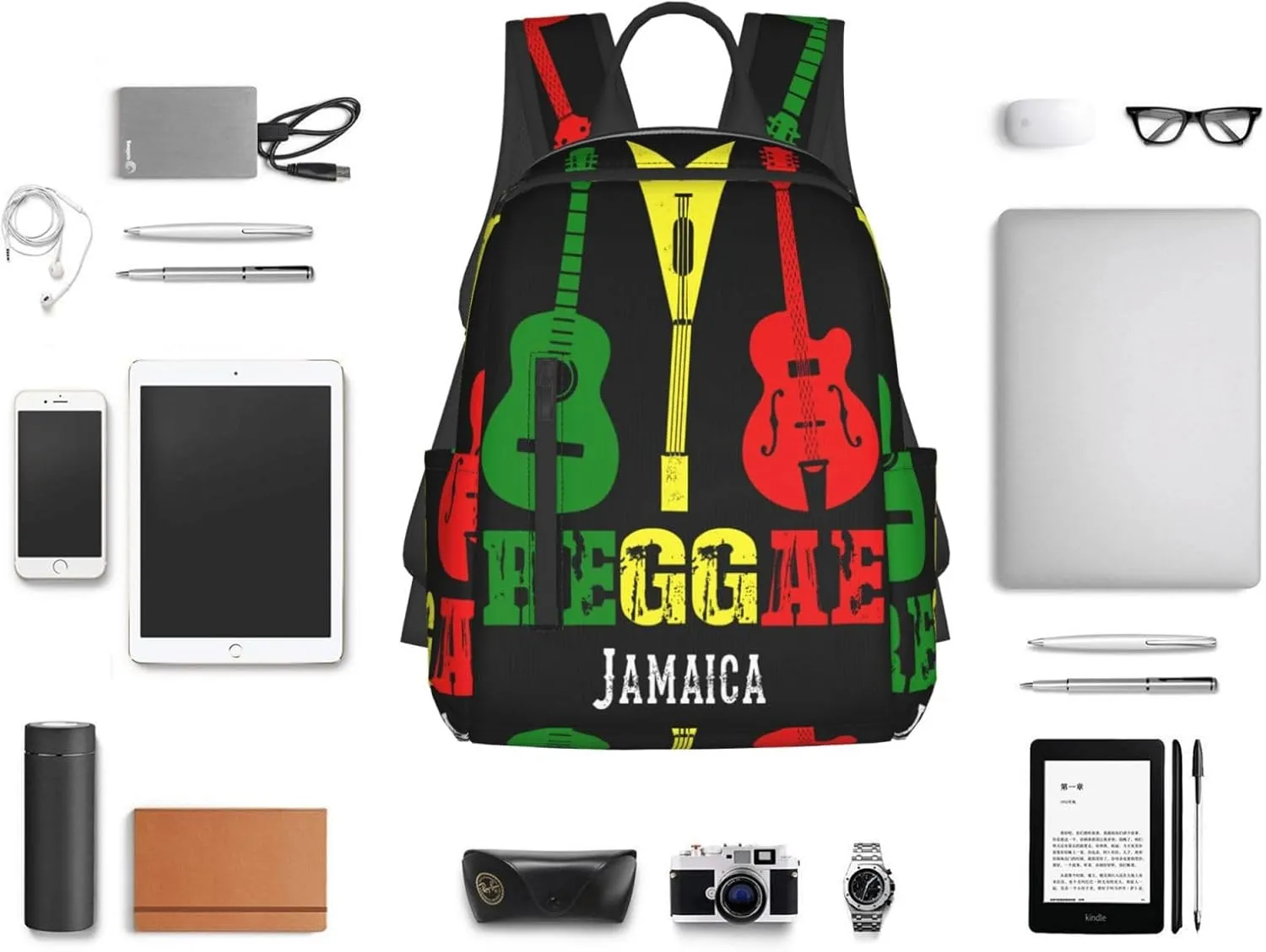 Reggae Guitar Jamaican Music Casual Backpacks Laptop Backpack Outdoor Travel Rucksack Sport Carry-On Daypack Lightweight Bag with Multi-Pockets