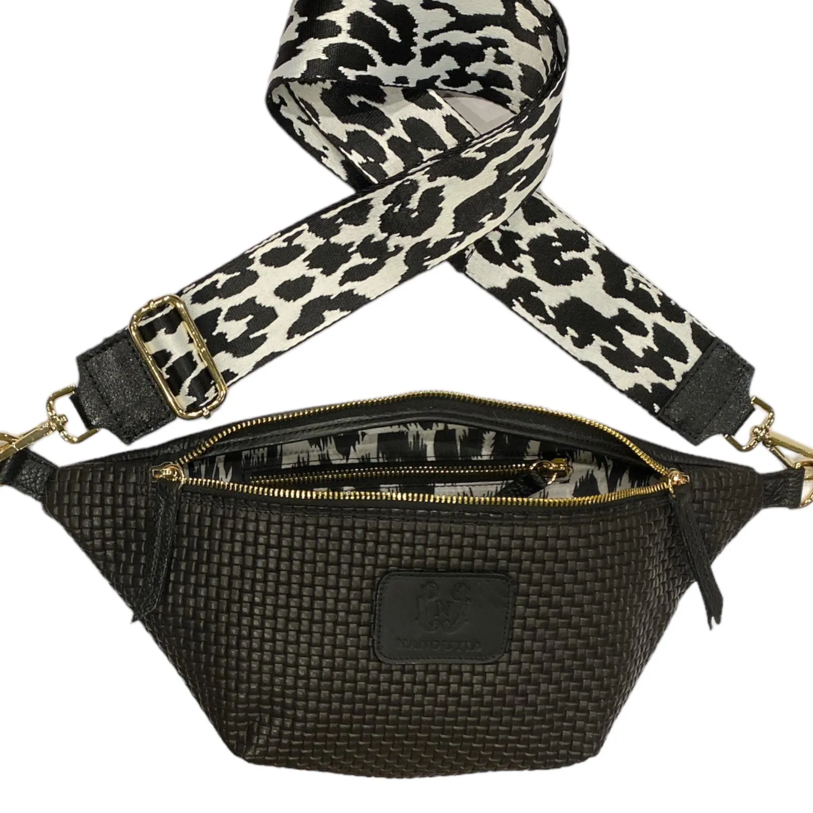 REGULAR.BLACK WOVEN LEATHER BELT BAG