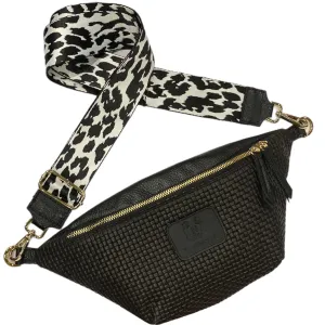 REGULAR.BLACK WOVEN LEATHER BELT BAG
