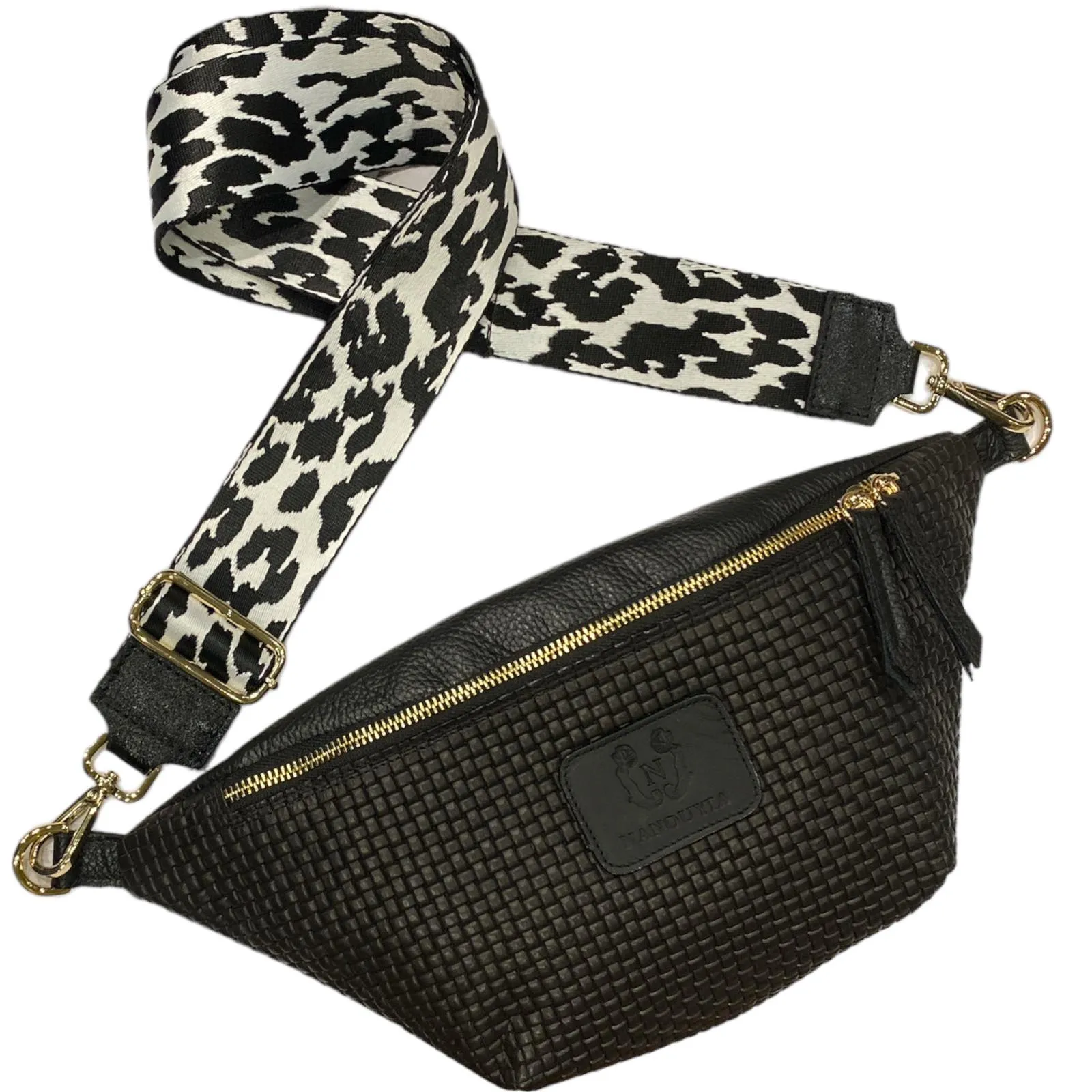 REGULAR.BLACK WOVEN LEATHER BELT BAG