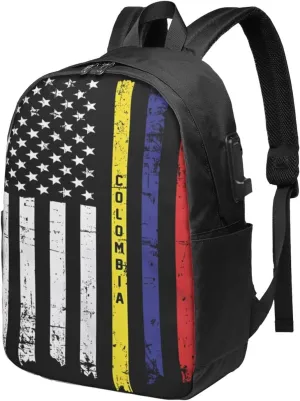 Retro Vintage Colombian American Flag Travel Backpack 17-Inch Laptop Backpacks Business Rucksack Casual Sport Daypack with USB Charging Port Carry-on Bag for Camping Biking