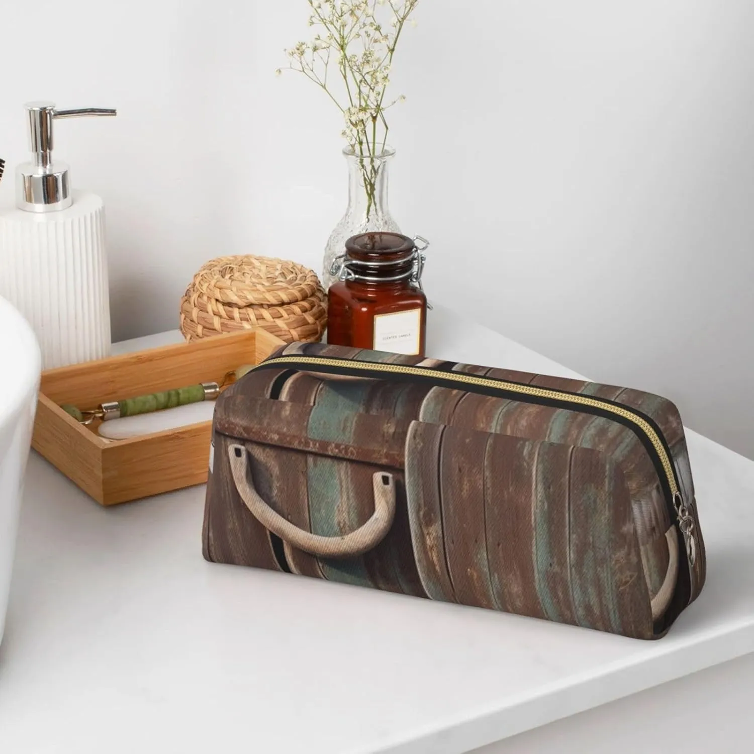 Rustic Horseshoe Barn Wooden Makeup Bag for Women Men Pencil Pouch Travel Small Cosmetic Bag Zippered Toiletry Bags Aesthetic Pen Bags Trendy Storage Bags Leather Coin Pouch Purse