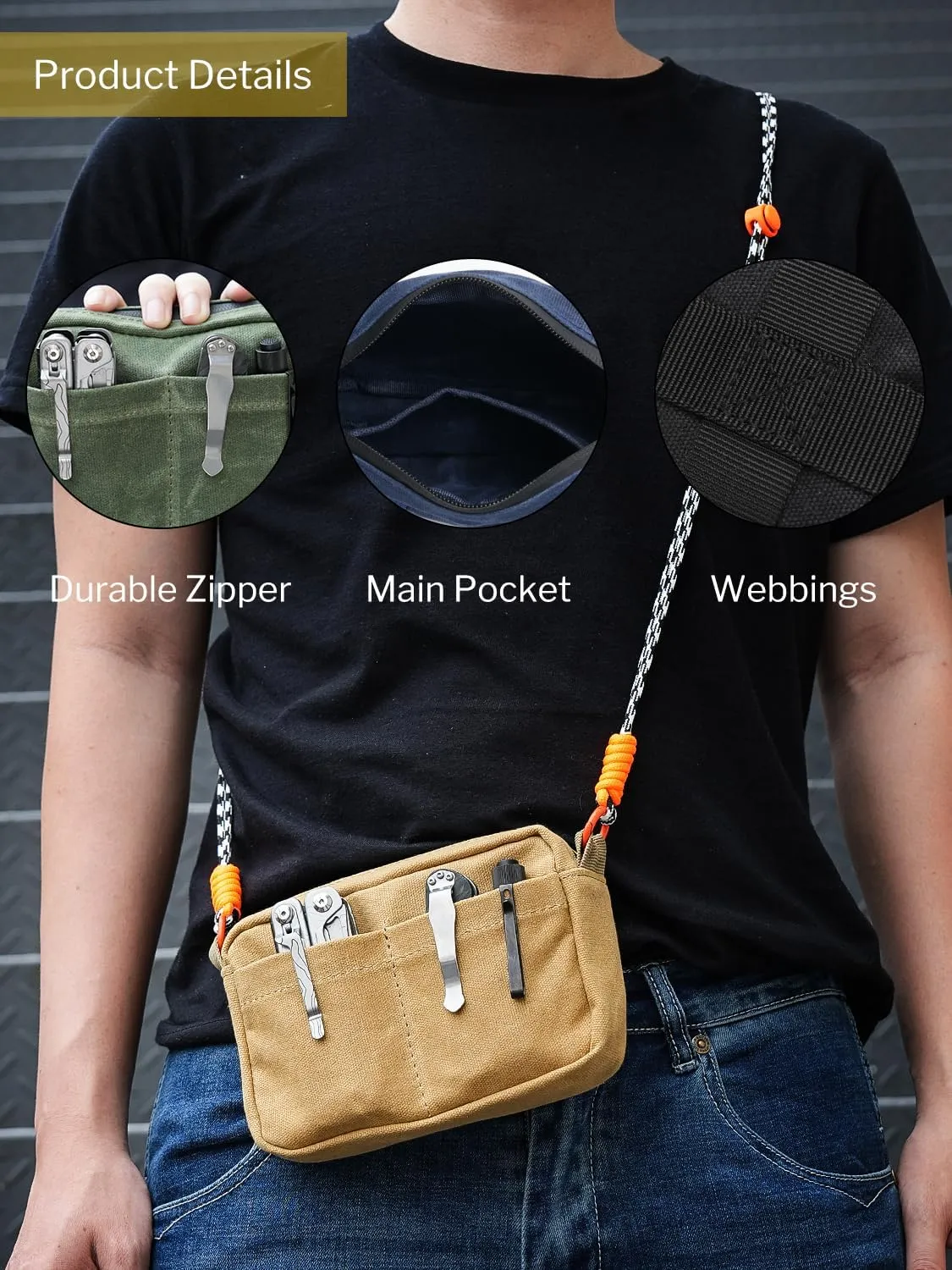 sayram SP8 Belt Pouch for Men, EDC Bellt Pouch with Zipper, Waist Pack EDC Pouch for Multitool, Flashlight, Knives, Cards, Phone, Waxed Canvas EDC Organizer Pouch for Belt