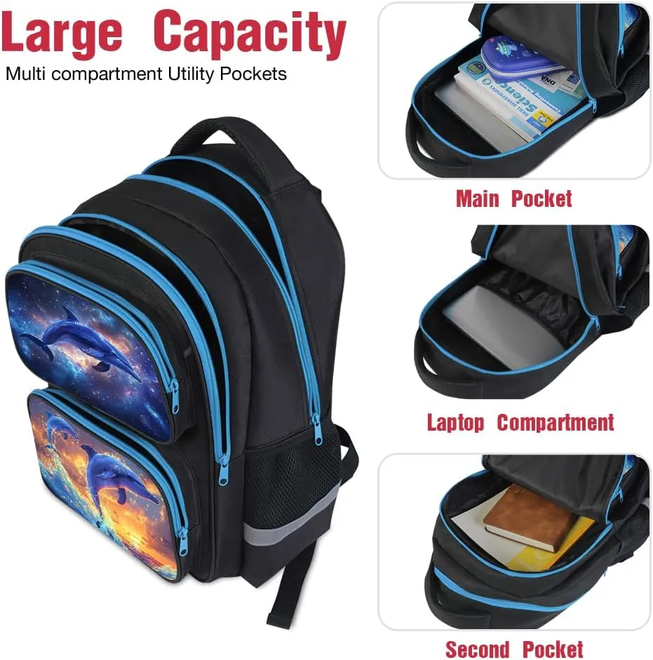 School Backpack For Boys Girls Backpack For Kids Toddler Teens Elementary Middle School 17 inch Boys Backpacks Ages 6-18 Travel Book bag with Chest Strap Dolphin Pattern