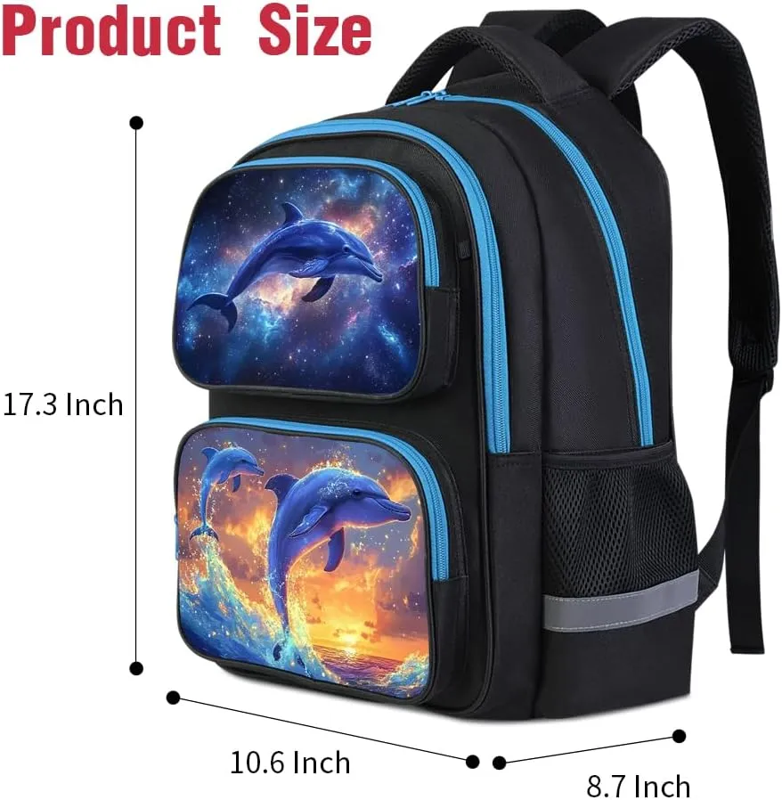 School Backpack For Boys Girls Backpack For Kids Toddler Teens Elementary Middle School 17 inch Boys Backpacks Ages 6-18 Travel Book bag with Chest Strap Dolphin Pattern