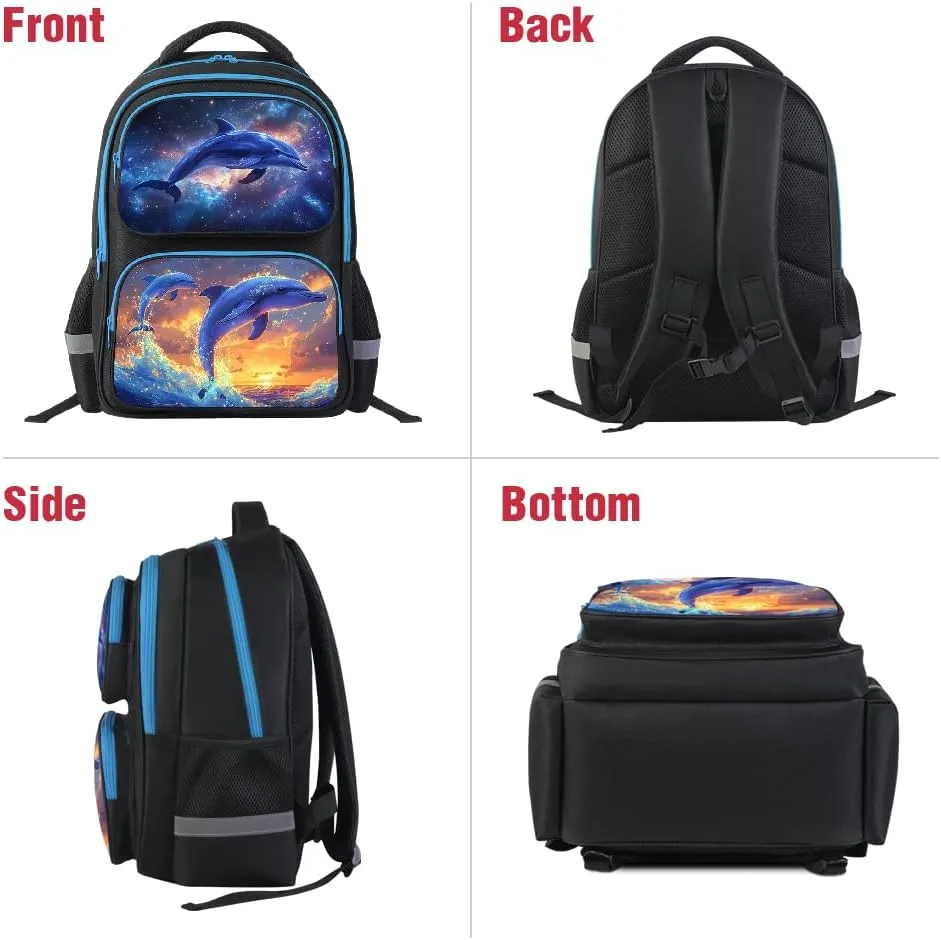 School Backpack For Boys Girls Backpack For Kids Toddler Teens Elementary Middle School 17 inch Boys Backpacks Ages 6-18 Travel Book bag with Chest Strap Dolphin Pattern