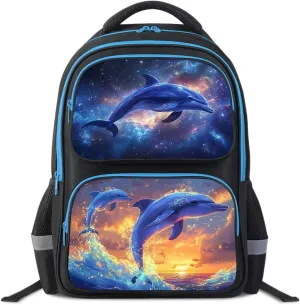 School Backpack For Boys Girls Backpack For Kids Toddler Teens Elementary Middle School 17 inch Boys Backpacks Ages 6-18 Travel Book bag with Chest Strap Dolphin Pattern