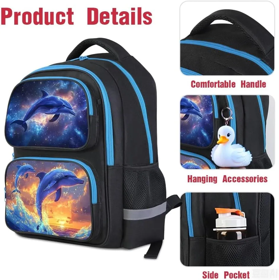 School Backpack For Boys Girls Backpack For Kids Toddler Teens Elementary Middle School 17 inch Boys Backpacks Ages 6-18 Travel Book bag with Chest Strap Dolphin Pattern