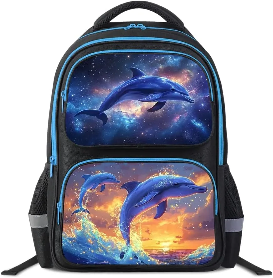School Backpack For Boys Girls Backpack For Kids Toddler Teens Elementary Middle School 17 inch Boys Backpacks Ages 6-18 Travel Book bag with Chest Strap Dolphin Pattern