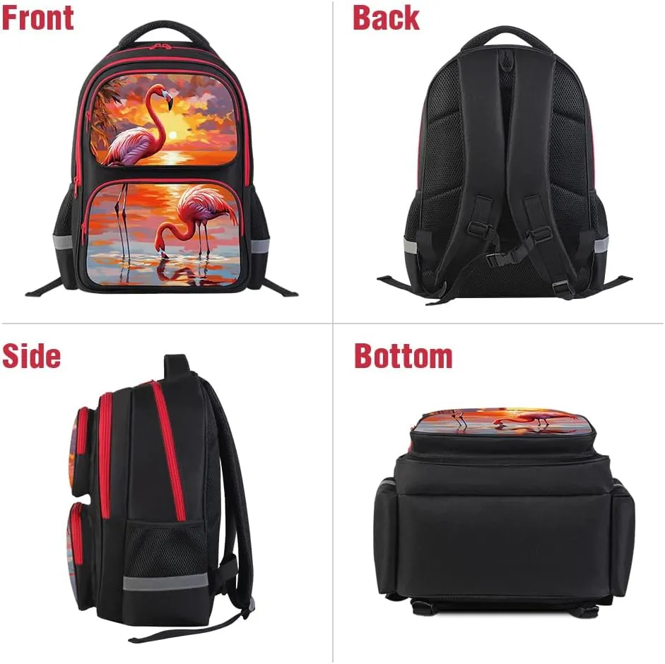 School Backpack For Boys Girls Backpack For Kids Toddler Teens Elementary Middle School 17 inch Boys Backpacks Ages 6-18 Travel Book bag with Chest Strap Flamingo Pattern