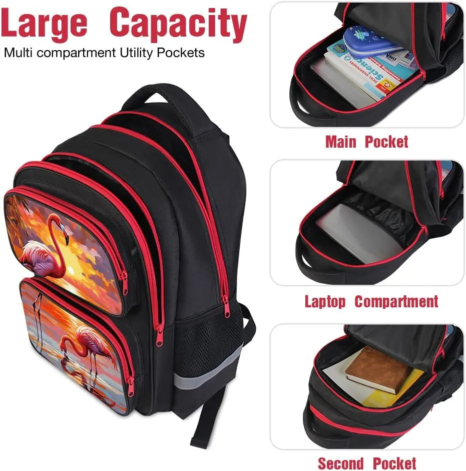 School Backpack For Boys Girls Backpack For Kids Toddler Teens Elementary Middle School 17 inch Boys Backpacks Ages 6-18 Travel Book bag with Chest Strap Flamingo Pattern