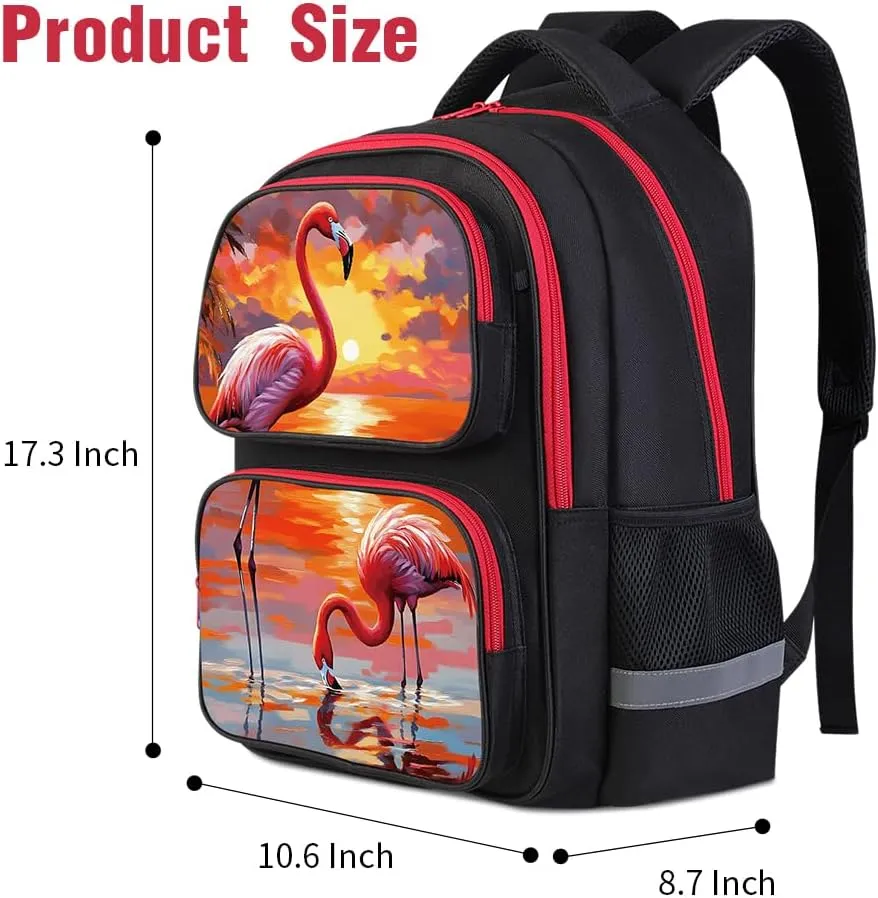 School Backpack For Boys Girls Backpack For Kids Toddler Teens Elementary Middle School 17 inch Boys Backpacks Ages 6-18 Travel Book bag with Chest Strap Flamingo Pattern