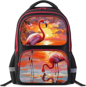 School Backpack For Boys Girls Backpack For Kids Toddler Teens Elementary Middle School 17 inch Boys Backpacks Ages 6-18 Travel Book bag with Chest Strap Flamingo Pattern