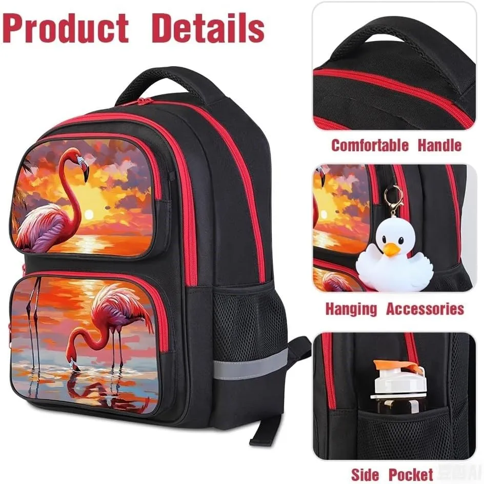 School Backpack For Boys Girls Backpack For Kids Toddler Teens Elementary Middle School 17 inch Boys Backpacks Ages 6-18 Travel Book bag with Chest Strap Flamingo Pattern