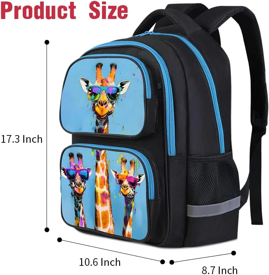 School Backpack For Boys Girls Backpack For Kids Toddler Teens Elementary Middle School 17 inch Boys Backpacks Ages 6-18 Travel Book bag with Chest Strap Giraffe Pattern