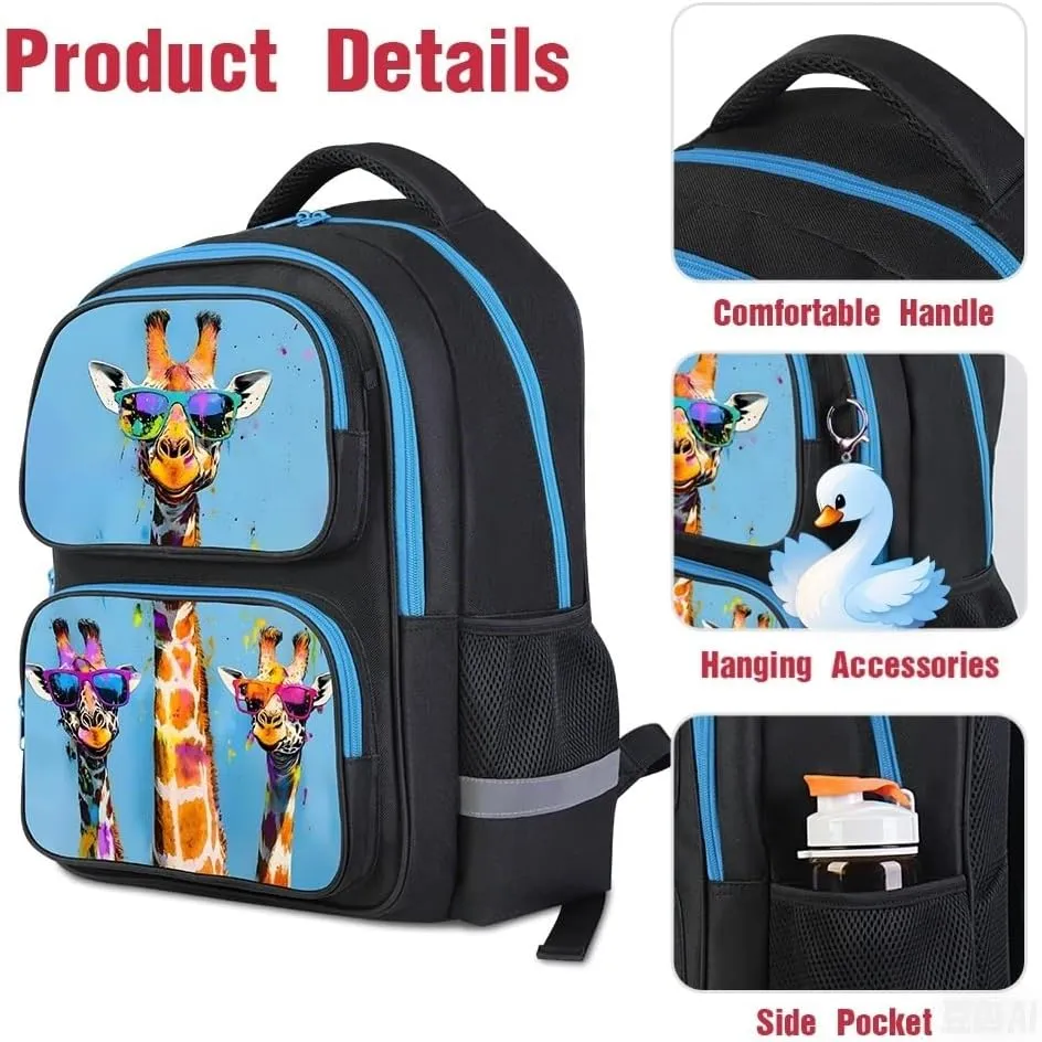 School Backpack For Boys Girls Backpack For Kids Toddler Teens Elementary Middle School 17 inch Boys Backpacks Ages 6-18 Travel Book bag with Chest Strap Giraffe Pattern