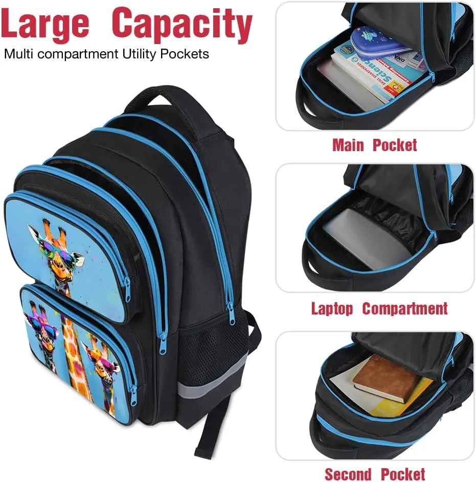 School Backpack For Boys Girls Backpack For Kids Toddler Teens Elementary Middle School 17 inch Boys Backpacks Ages 6-18 Travel Book bag with Chest Strap Giraffe Pattern