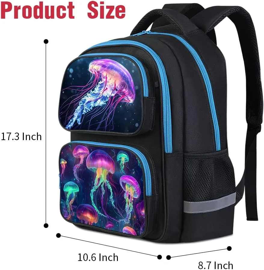 School Backpack For Boys Girls Backpack For Kids Toddler Teens Elementary Middle School 17 inch Boys Backpacks Ages 6-18 Travel Book bag with Chest Strap Jellyfish Pattern