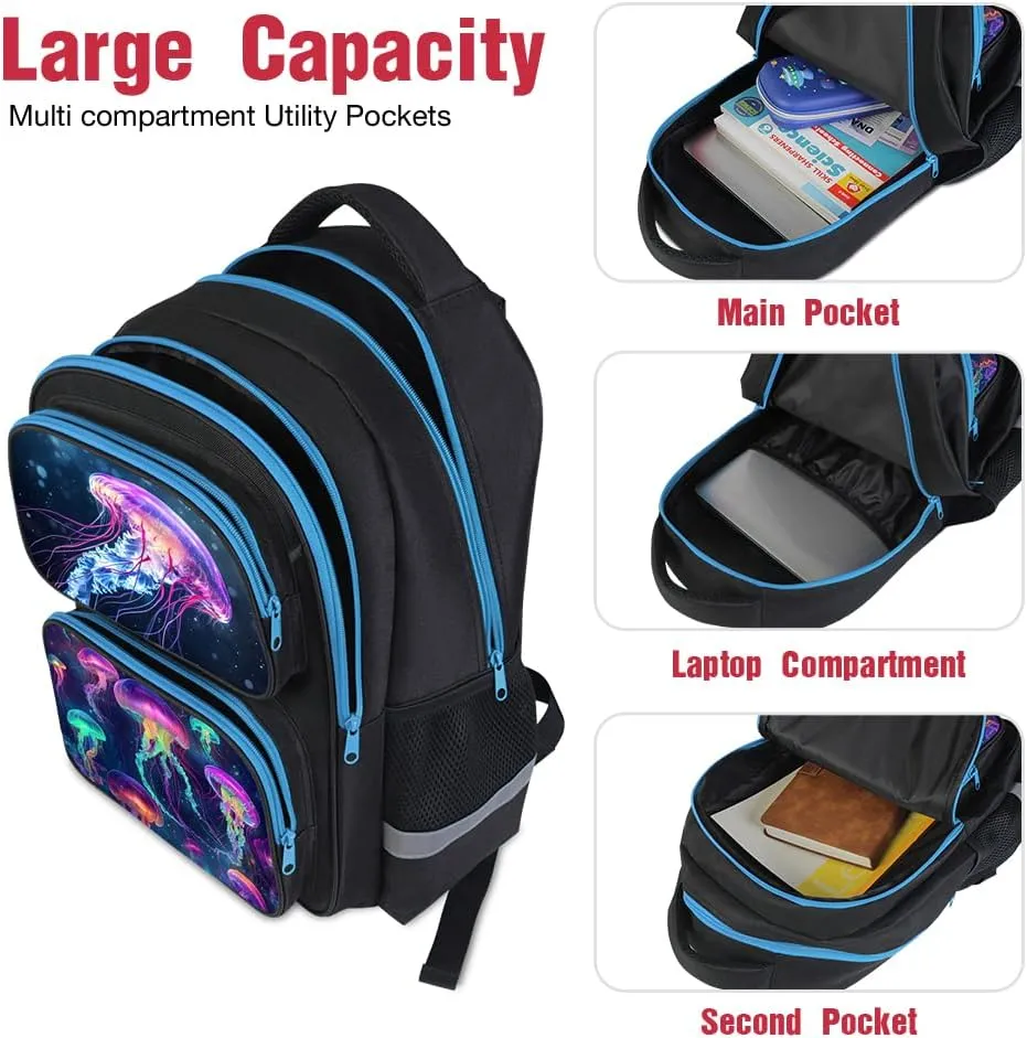 School Backpack For Boys Girls Backpack For Kids Toddler Teens Elementary Middle School 17 inch Boys Backpacks Ages 6-18 Travel Book bag with Chest Strap Jellyfish Pattern