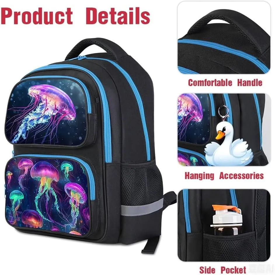 School Backpack For Boys Girls Backpack For Kids Toddler Teens Elementary Middle School 17 inch Boys Backpacks Ages 6-18 Travel Book bag with Chest Strap Jellyfish Pattern