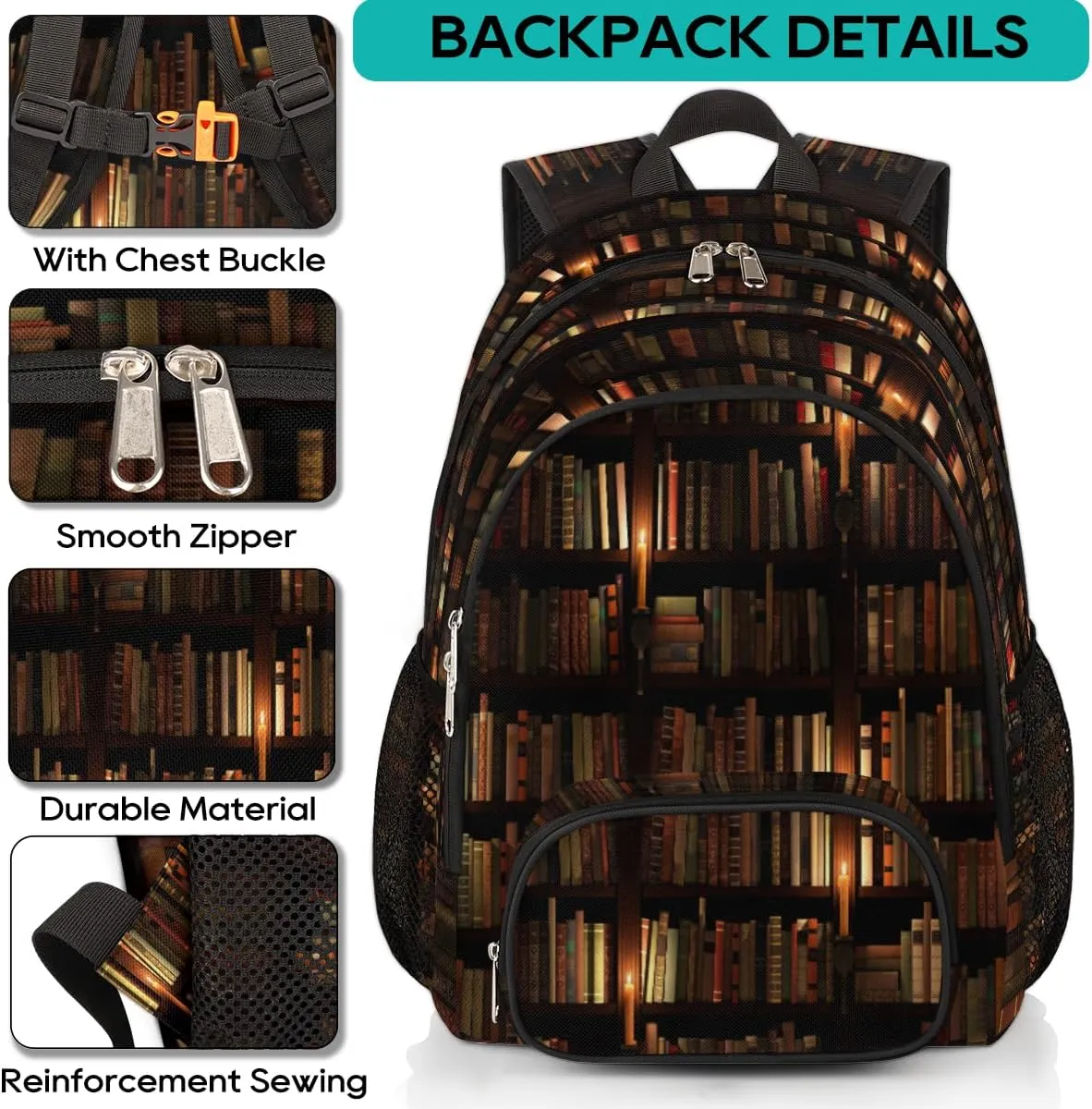 School Backpack for Boys Girls, Bookshelf Book Library Elementary School Bags Vintage Library Bookshelf Lightweight Bookbag Laptop Backpack Casual Daypack Rucksack for Kids Teens