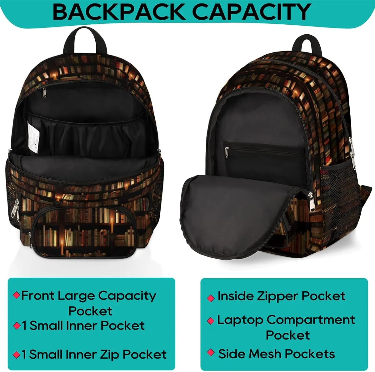 School Backpack for Boys Girls, Bookshelf Book Library Elementary School Bags Vintage Library Bookshelf Lightweight Bookbag Laptop Backpack Casual Daypack Rucksack for Kids Teens