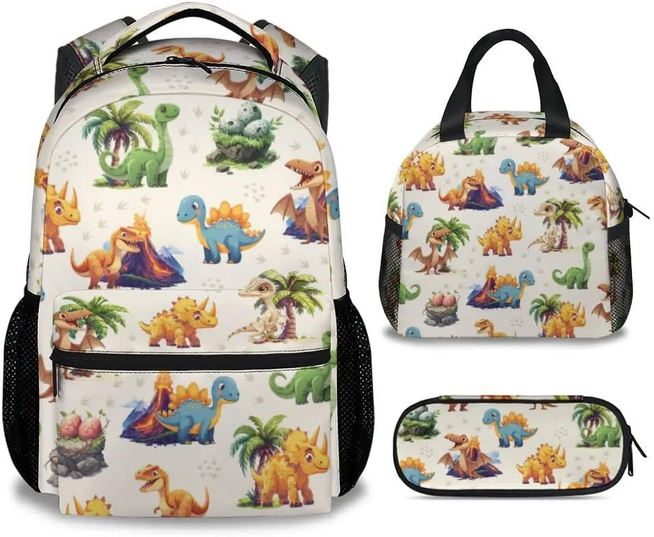 School Backpack for Girls Boys, Dinosaur Backpacks for Kids Ages 6-10, Set of 3 Bookbag for Elementary Middle School, Cute Colorful School Bag with Lunch Box and Pencil Case
