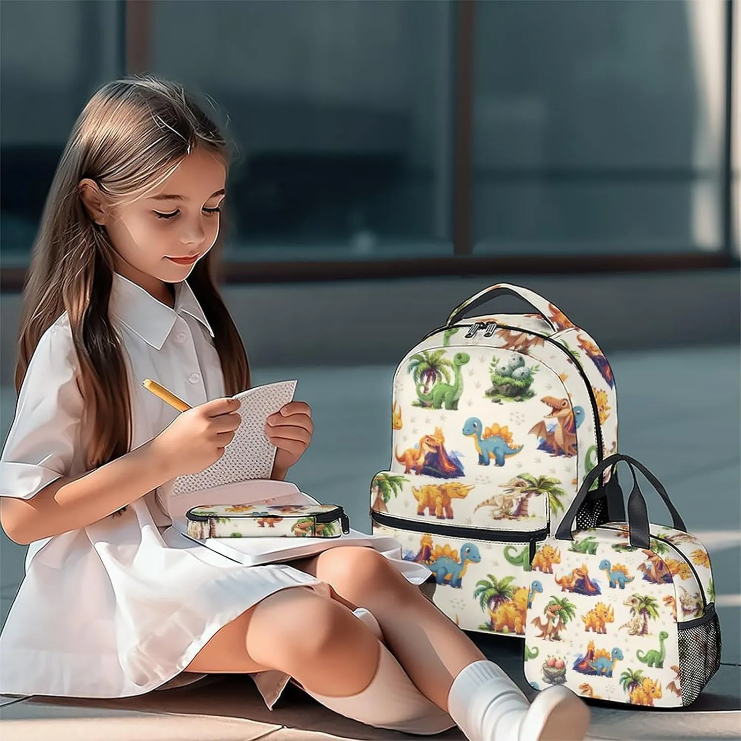 School Backpack for Girls Boys, Dinosaur Backpacks for Kids Ages 6-10, Set of 3 Bookbag for Elementary Middle School, Cute Colorful School Bag with Lunch Box and Pencil Case