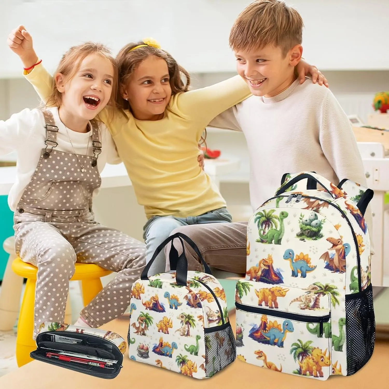 School Backpack for Girls Boys, Dinosaur Backpacks for Kids Ages 6-10, Set of 3 Bookbag for Elementary Middle School, Cute Colorful School Bag with Lunch Box and Pencil Case