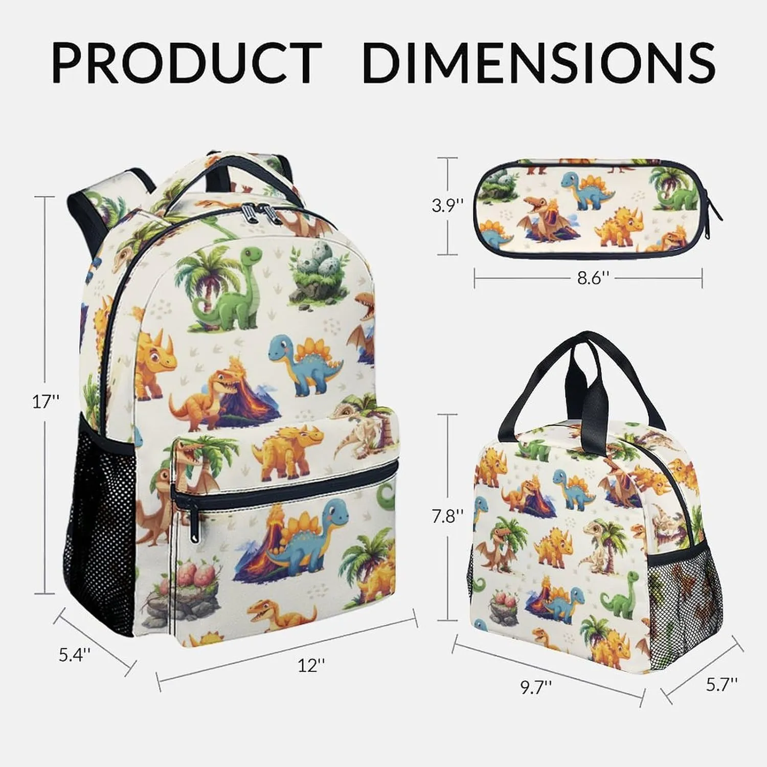 School Backpack for Girls Boys, Dinosaur Backpacks for Kids Ages 6-10, Set of 3 Bookbag for Elementary Middle School, Cute Colorful School Bag with Lunch Box and Pencil Case