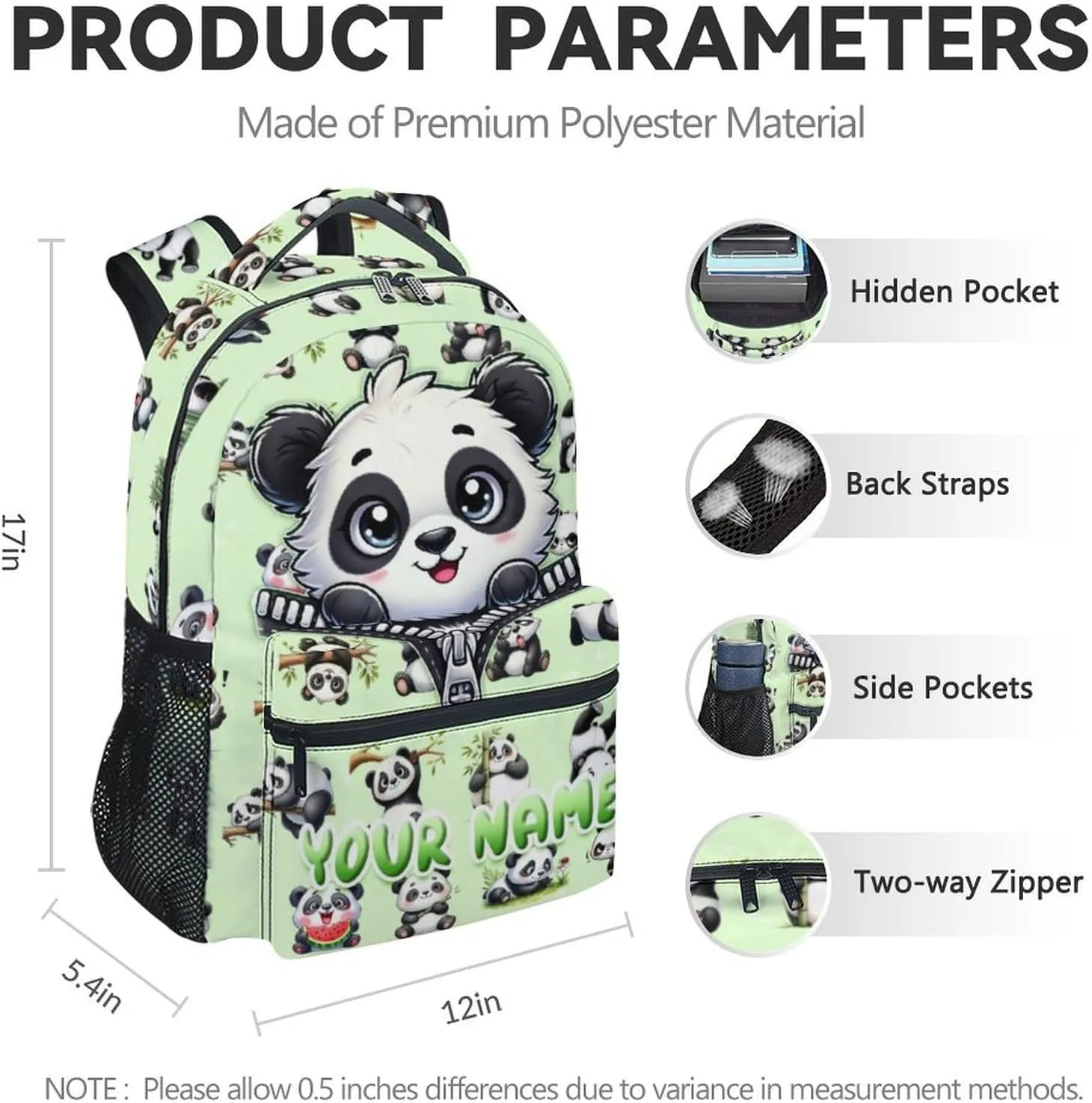 School Backpack for Kids, Personalized Cute Panda Durable School Bags for Girls, Green Kindergarten Bookbag Gifts