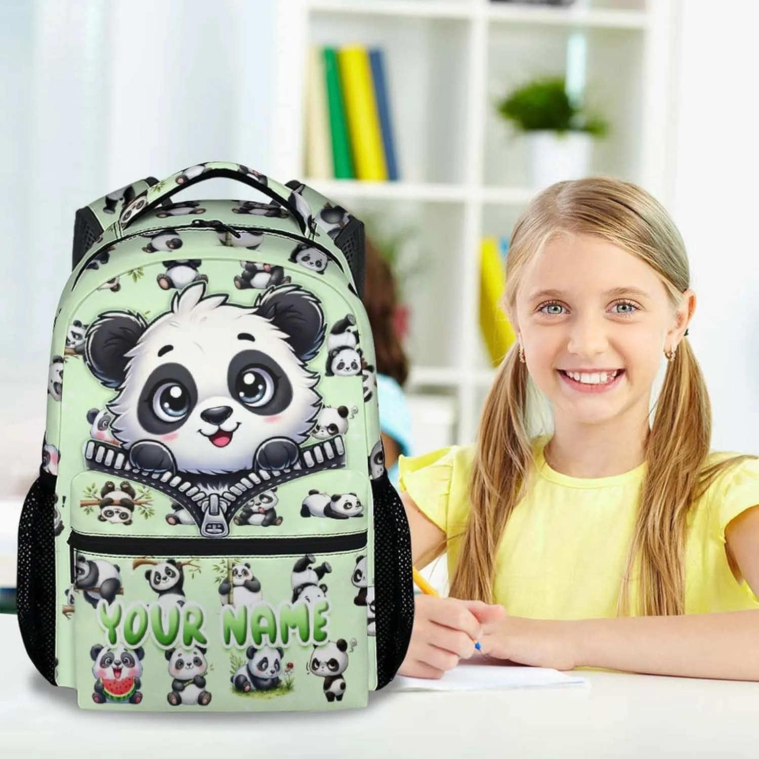 School Backpack for Kids, Personalized Cute Panda Durable School Bags for Girls, Green Kindergarten Bookbag Gifts