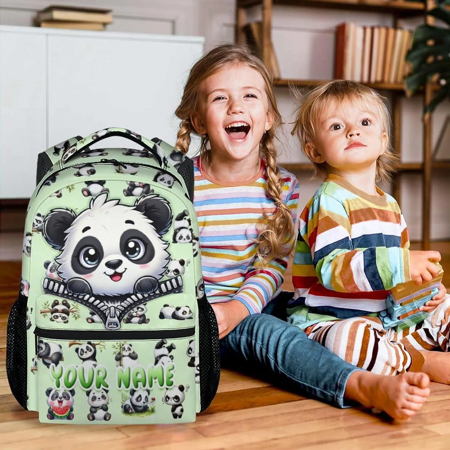School Backpack for Kids, Personalized Cute Panda Durable School Bags for Girls, Green Kindergarten Bookbag Gifts