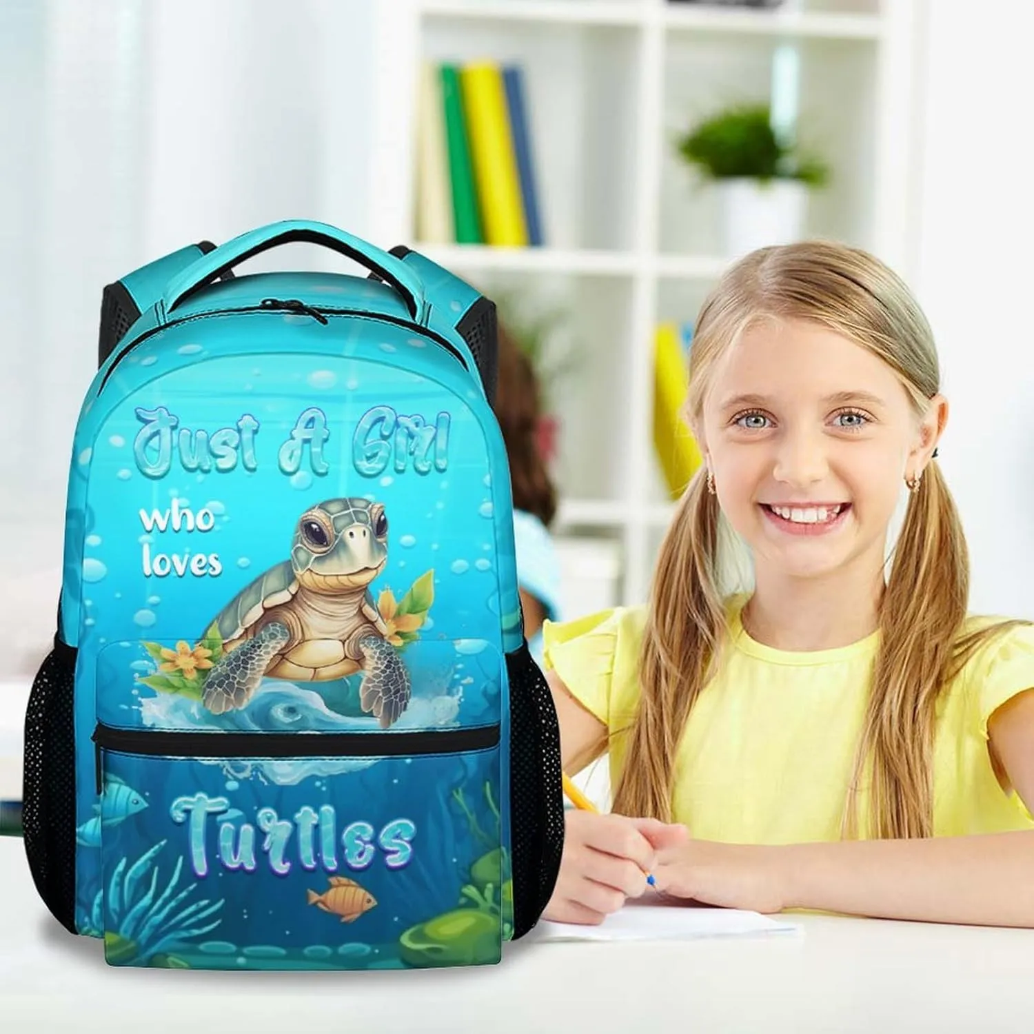 School Backpack for Teen Girls - 17 Inch Blue Turtle Backpacks - Cartoon Lightweight Durable Bookbag for Kids