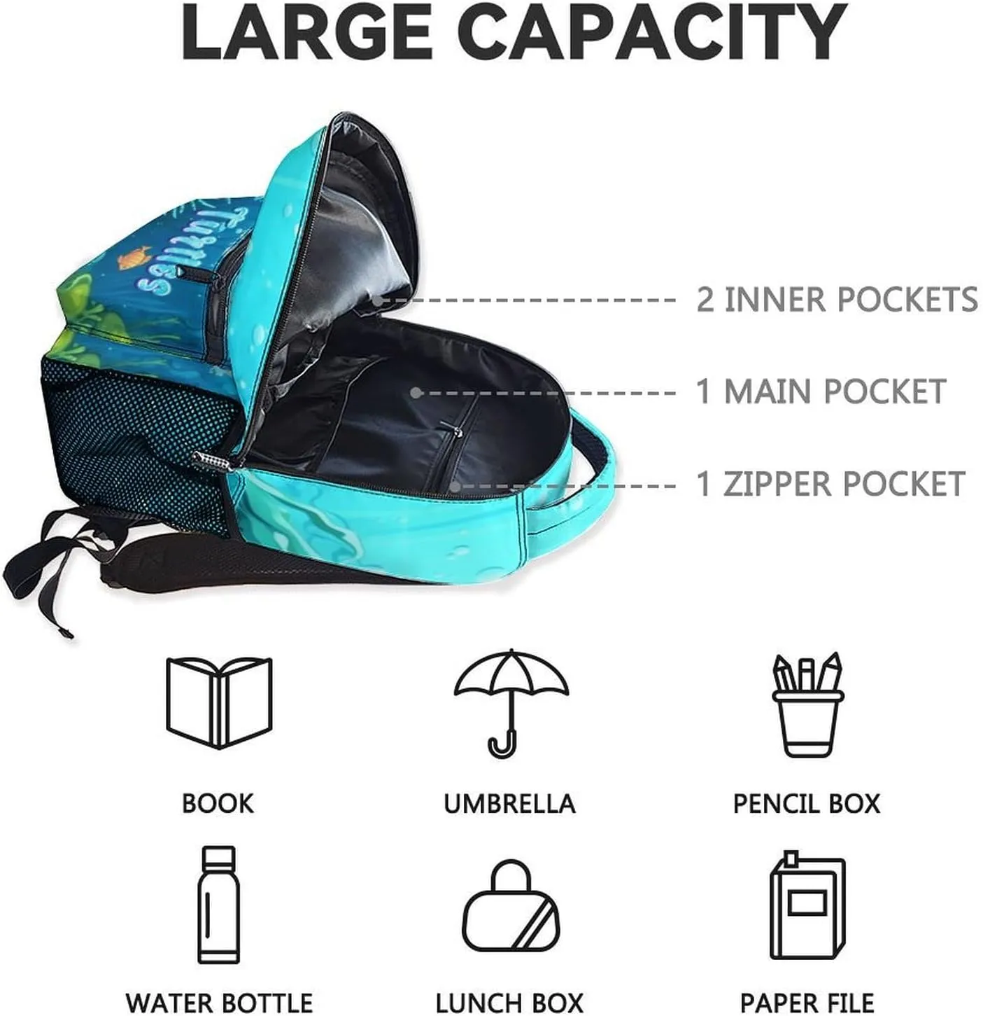 School Backpack for Teen Girls - 17 Inch Blue Turtle Backpacks - Cartoon Lightweight Durable Bookbag for Kids