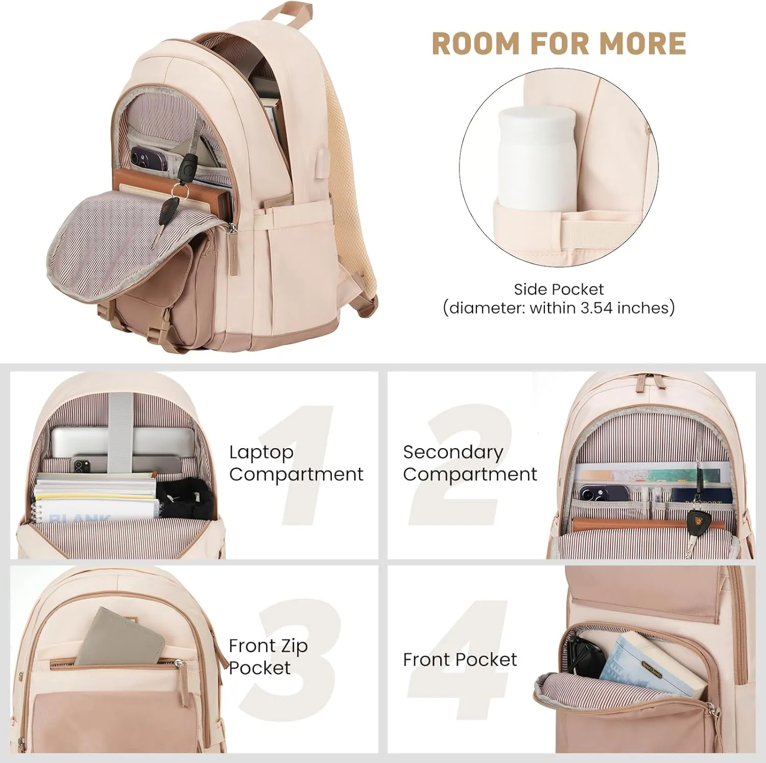 School Backpack for Teen Girls, Cute College Backpacks for Women Students Aesthetic Bookbag Large 17.3 Inch Laptop Bag Middle School Travel Back Pack (Khaki Beige)