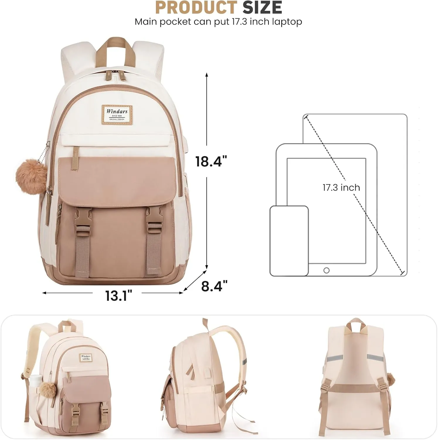 School Backpack for Teen Girls, Cute College Backpacks for Women Students Aesthetic Bookbag Large 17.3 Inch Laptop Bag Middle School Travel Back Pack (Khaki Beige)
