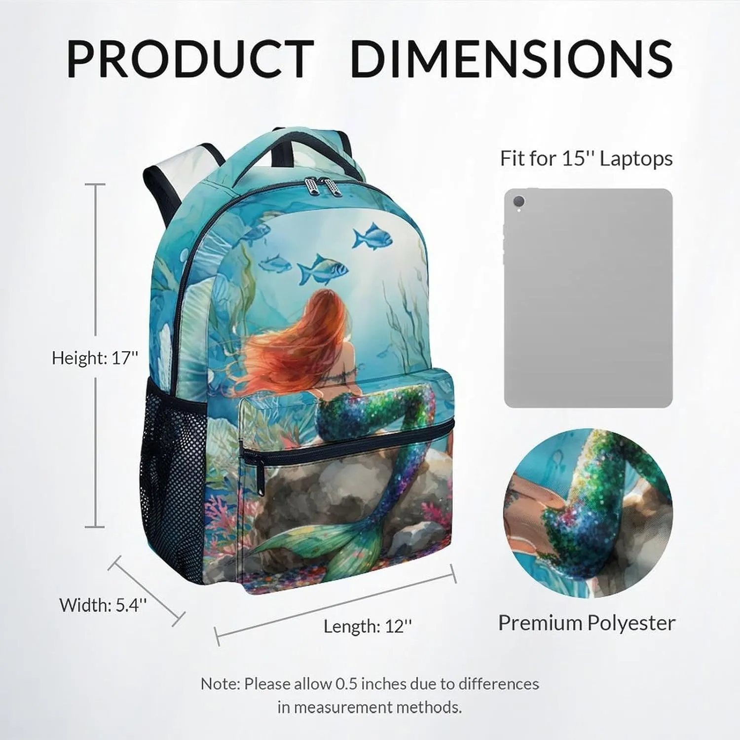 School Bag for Girls - Blue Durable Aesthetic Kid Backpack - 17 Inch Large Capacity Mermaid Bookbag for School, Travel and Camp