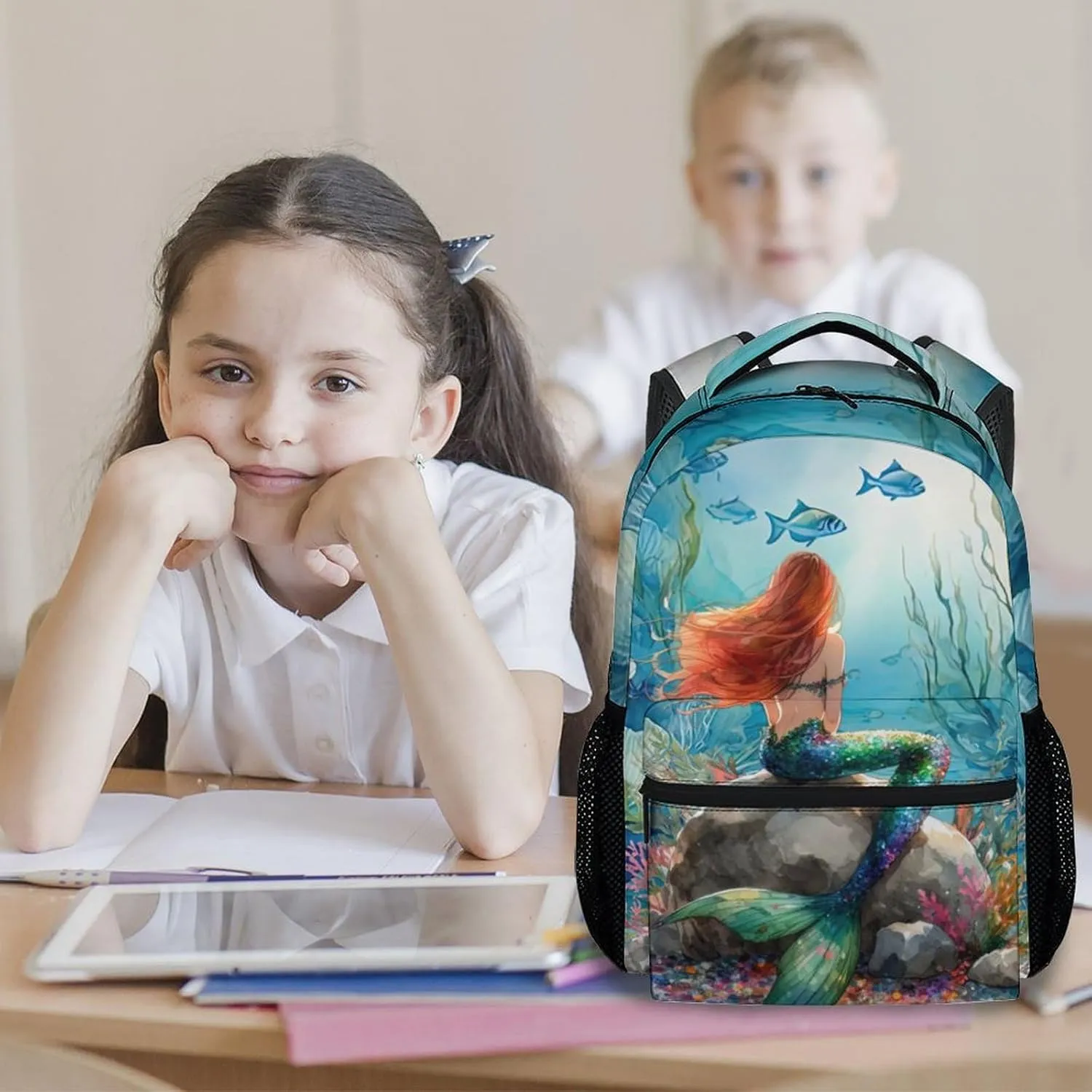 School Bag for Girls - Blue Durable Aesthetic Kid Backpack - 17 Inch Large Capacity Mermaid Bookbag for School, Travel and Camp