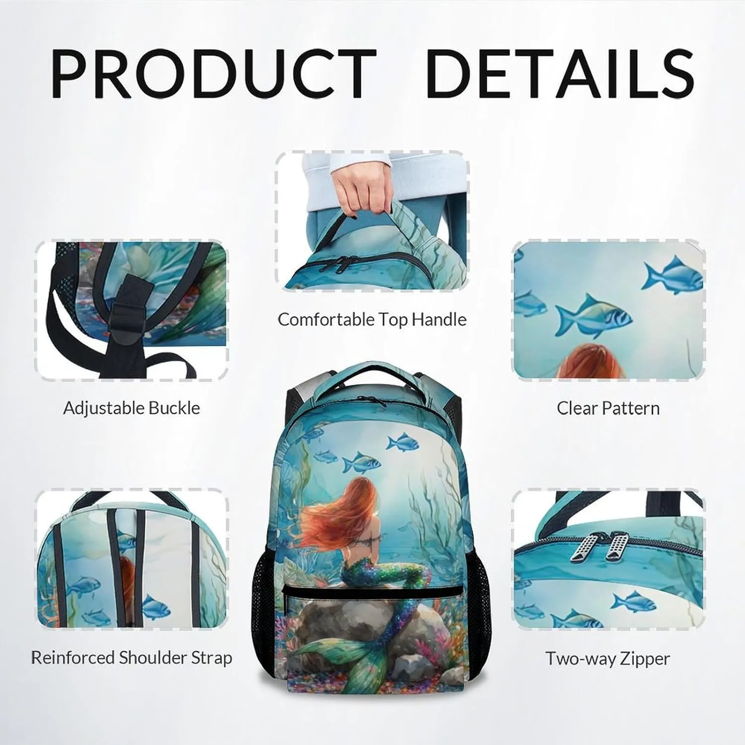 School Bag for Girls - Blue Durable Aesthetic Kid Backpack - 17 Inch Large Capacity Mermaid Bookbag for School, Travel and Camp