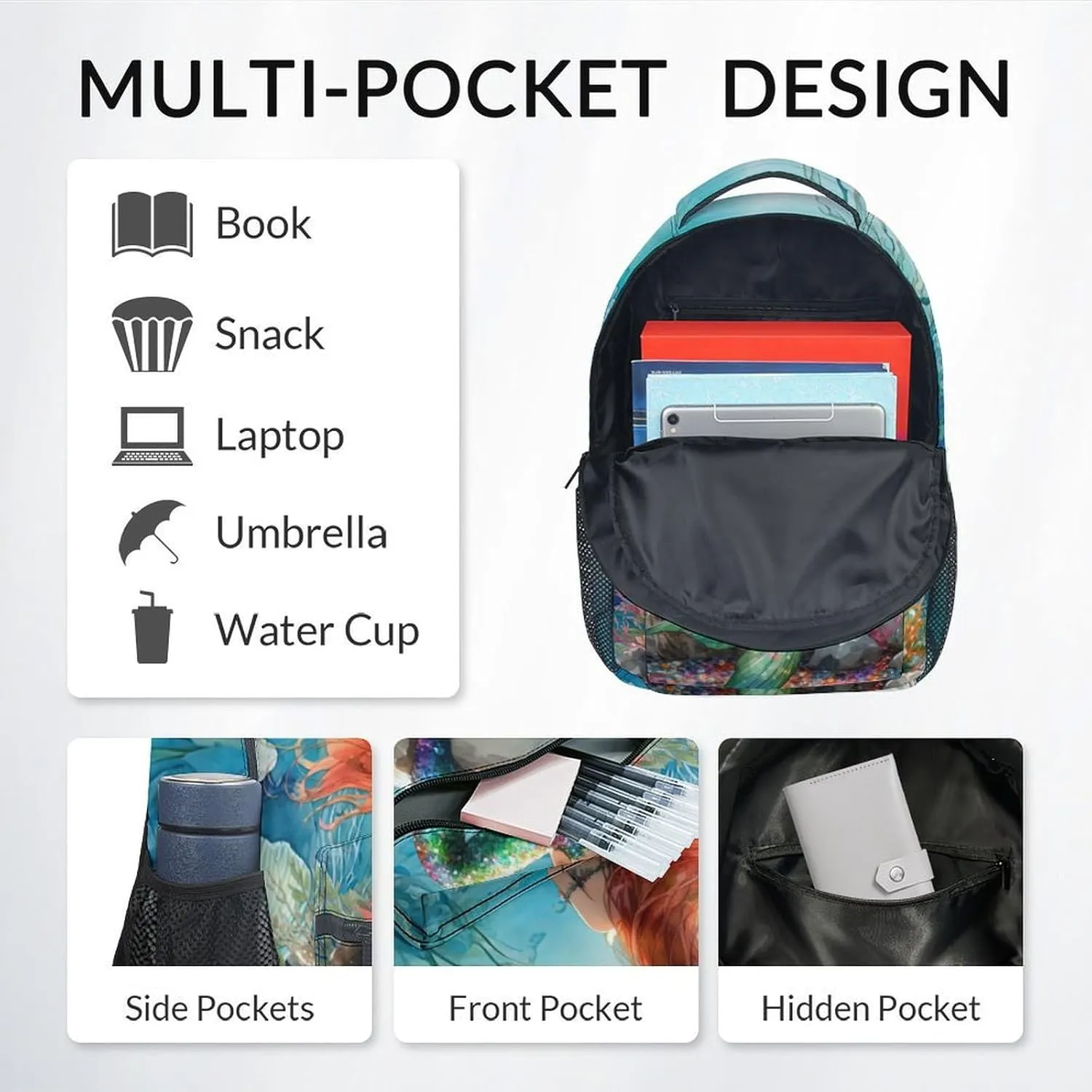 School Bag for Girls - Blue Durable Aesthetic Kid Backpack - 17 Inch Large Capacity Mermaid Bookbag for School, Travel and Camp