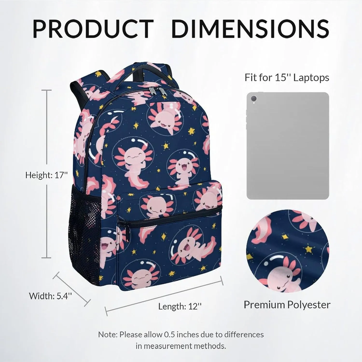 School Bags for Girls - Cute Black Axolotl Travel Backpack for Kids - 17 Inch Bookbag for Elementary Primary School - Back to School Supplies