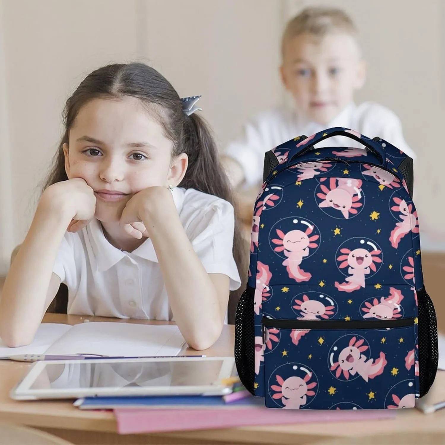 School Bags for Girls - Cute Black Axolotl Travel Backpack for Kids - 17 Inch Bookbag for Elementary Primary School - Back to School Supplies
