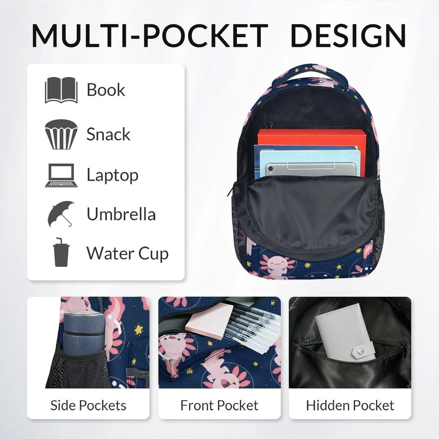 School Bags for Girls - Cute Black Axolotl Travel Backpack for Kids - 17 Inch Bookbag for Elementary Primary School - Back to School Supplies