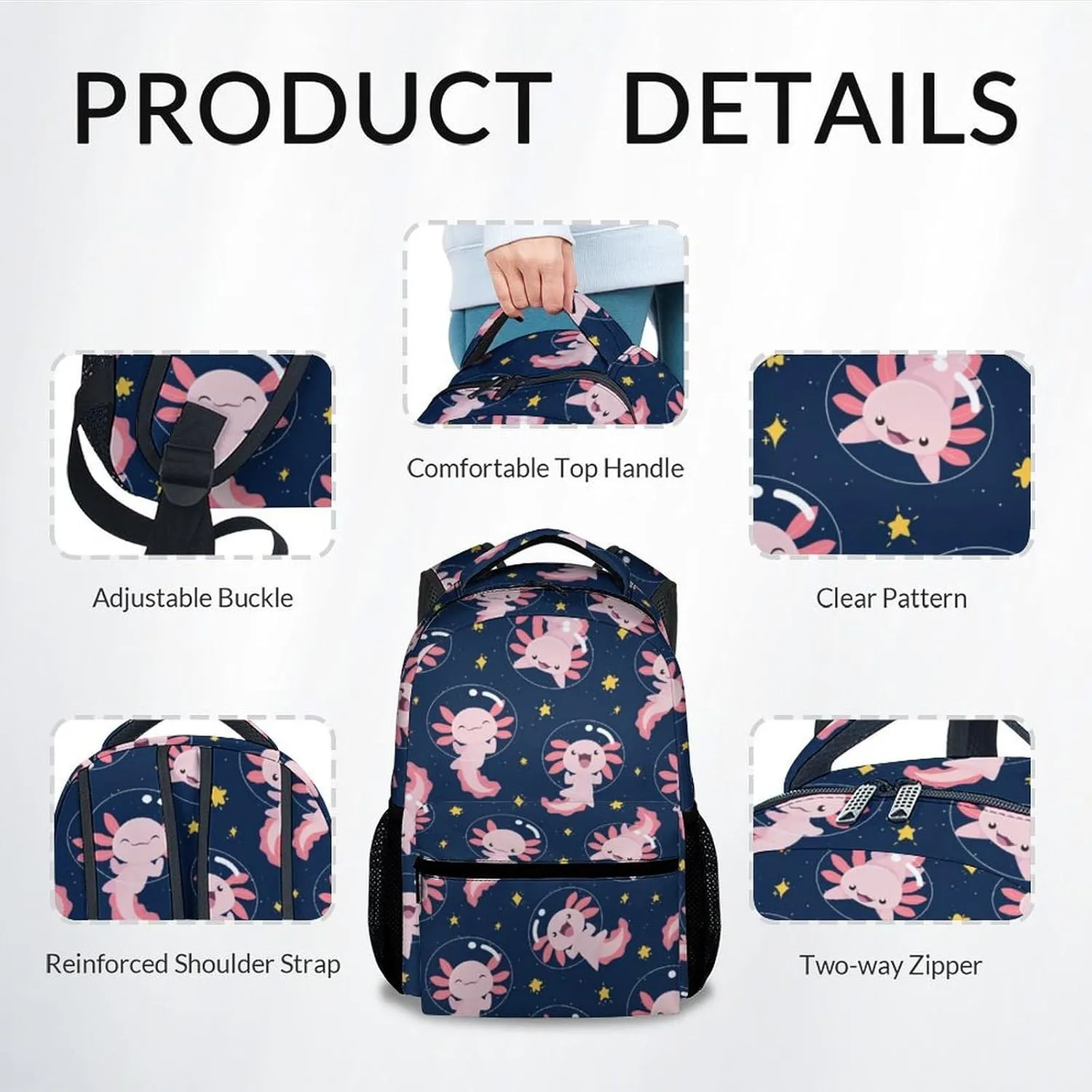 School Bags for Girls - Cute Black Axolotl Travel Backpack for Kids - 17 Inch Bookbag for Elementary Primary School - Back to School Supplies