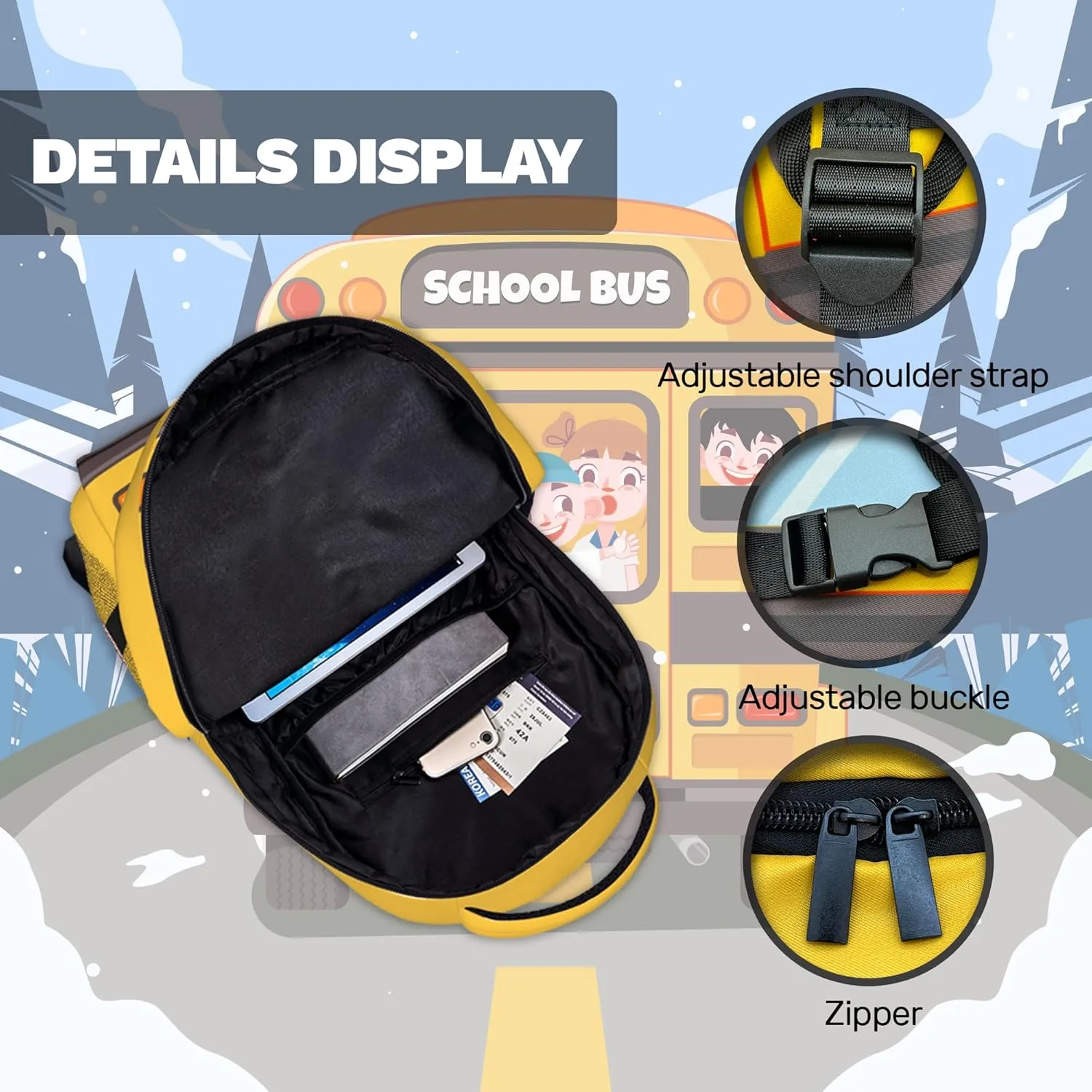 School Bus Backpack for Kids Boys Girls, Funny Bookbags For Elementary Middle School, Large Travel Laptop Backpacks, Durable Lightweight School Bags