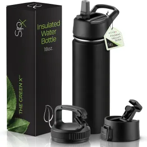 SipX™ Triple-Insulated Stainless Steel Water Bottle 18oz. With 3 Lids, BPA-Free Reusable Insulated Water Bottle Keeps Cold 24 Hours, (Black)