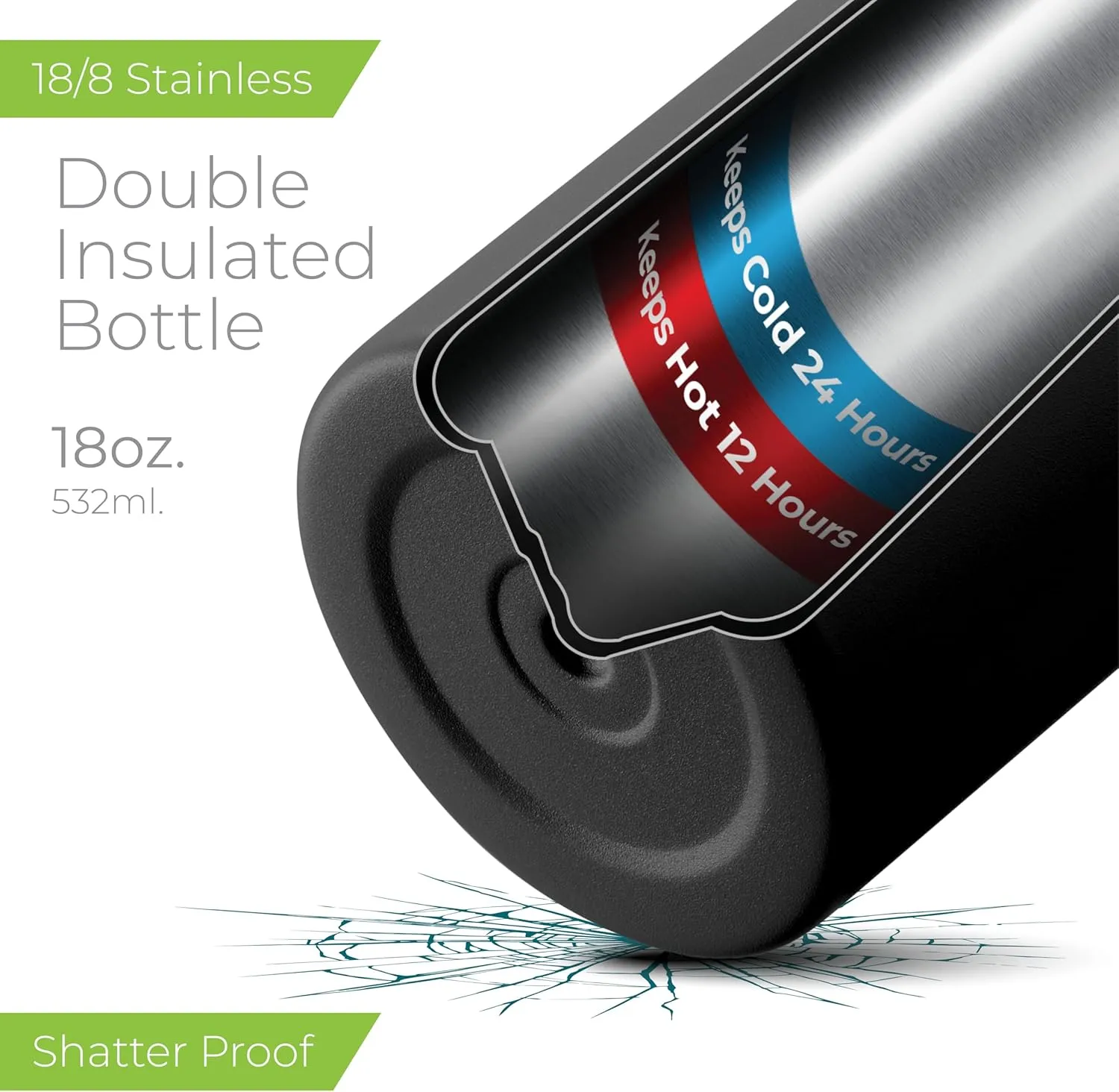 SipX™ Triple-Insulated Stainless Steel Water Bottle 18oz. With 3 Lids, BPA-Free Reusable Insulated Water Bottle Keeps Cold 24 Hours, (Black)