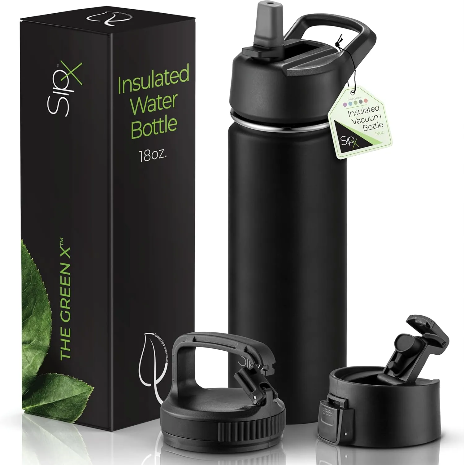 SipX™ Triple-Insulated Stainless Steel Water Bottle 18oz. With 3 Lids, BPA-Free Reusable Insulated Water Bottle Keeps Cold 24 Hours, (Black)